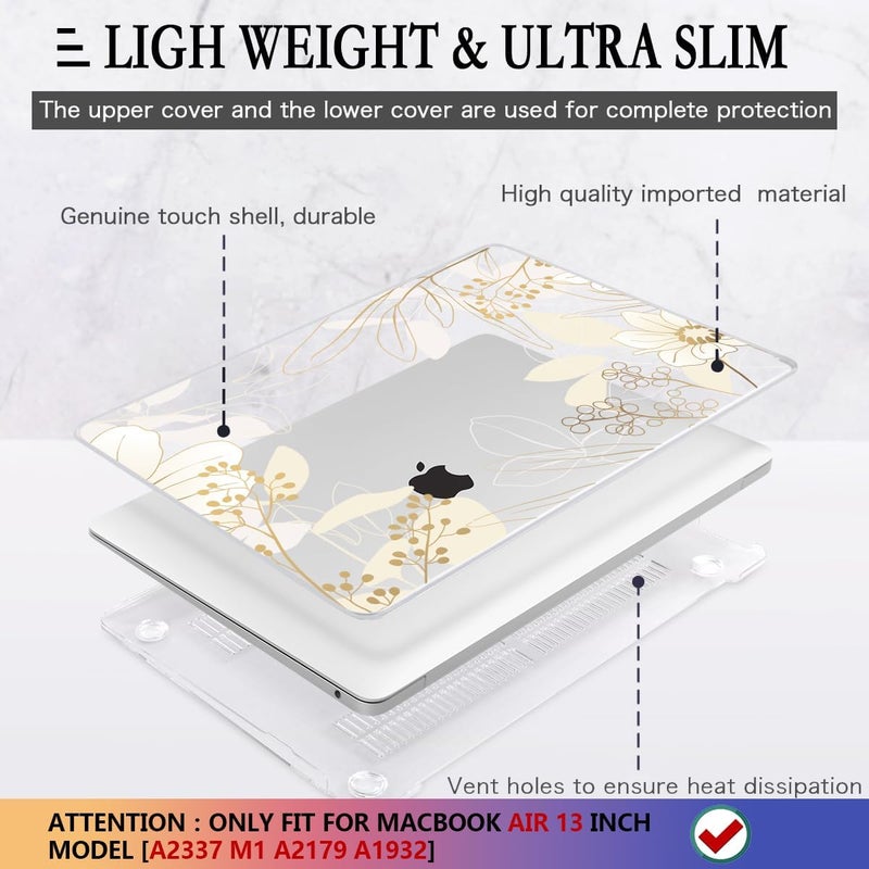 CISSOOK for MacBook Air 13 inch Case 2021 2020 2019 2018 Release Model A2337 A2179 A1932 with Retina Display +Touch ID, Plastic Hard Shell Case + Keyboard Cover for MacBook Air 13 M1, Golden Flowers - Image 4